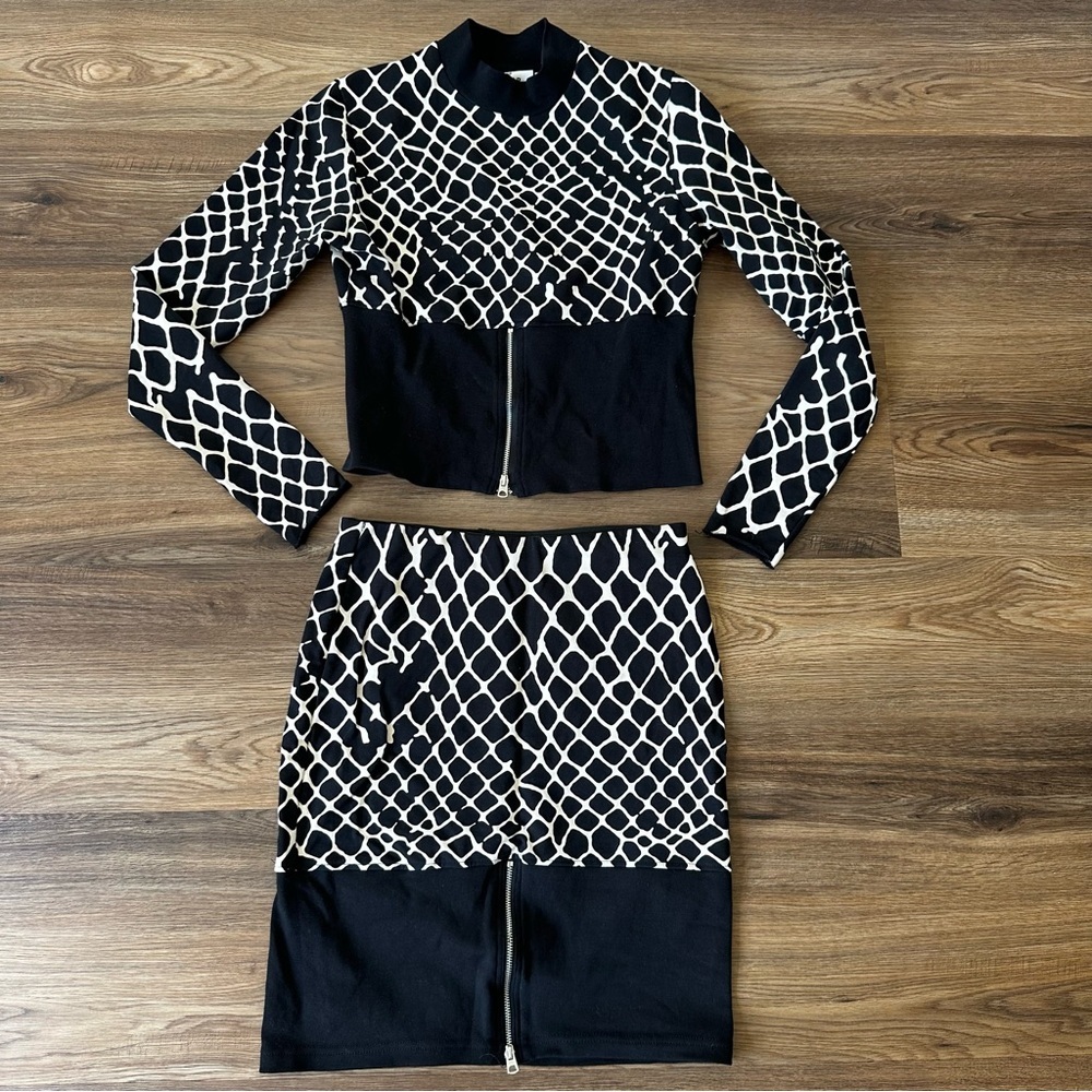 Cheap Monday Women’s Shirt Skirt Sweatsuit‎ Set Fence Print XS Black Flaw